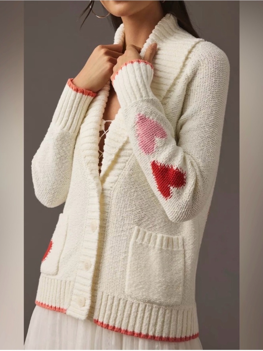 Anthropologie Maeve Heart Cardigan Sweater, Cream / Pink / Red, XSP - Picture 4 of 9